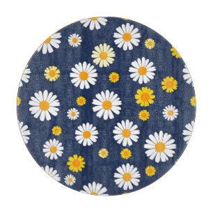 Navy Blue Yellow Daisy Floral Simple Retro Pattern Cutting Board