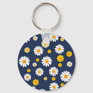 Navy Blue Yellow Daisy Floral Simple Retro Pattern Keychain