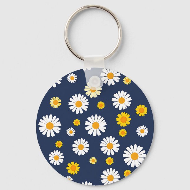 Navy Blue Yellow Daisy Floral Simple Retro Pattern Keychain (Front)