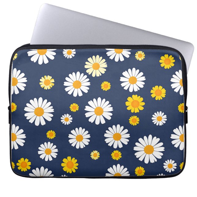 Navy Blue Yellow Daisy Floral Simple Retro Pattern Laptop Sleeve (Front)