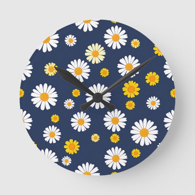 Navy Blue Yellow Daisy Floral Simple Retro Pattern Round Clock (Front)