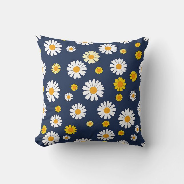 Navy Blue Yellow Daisy Floral Simple Retro Pattern Throw Pillow (Front)
