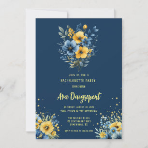 Navy Blue Yellow Floral Gold Bachelorette Party Invitation