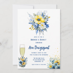 Navy Blue Yellow Floral Gold Brunch & Bubbly Invitation