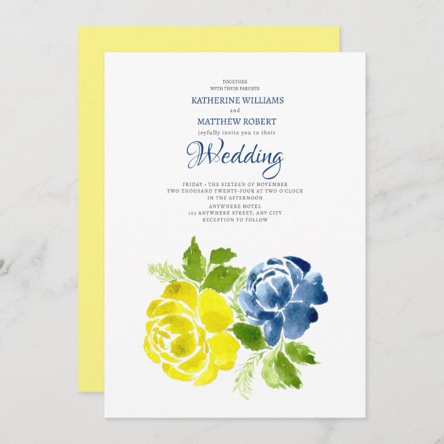 Navy Blue Yellow floral Summer Wedding  Invitation (Front/Back)