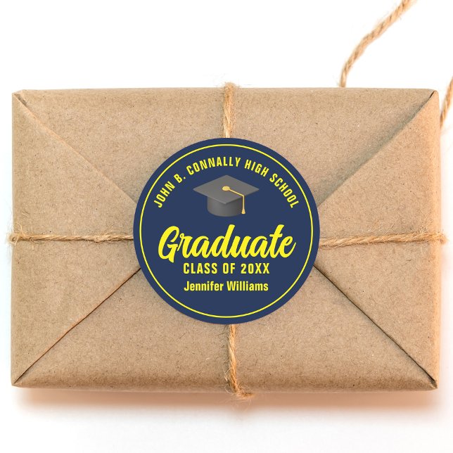 Navy Blue Yellow Graduate Custom Graduation Party Classic Round Sticker (Creator Uploaded)