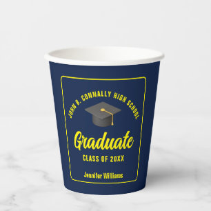 Navy Blue Yellow Graduate Custom Graduation Party Paper Cups