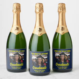 Navy Blue Yellow Graduate Photo Graduation Party Sparkling Wine Label