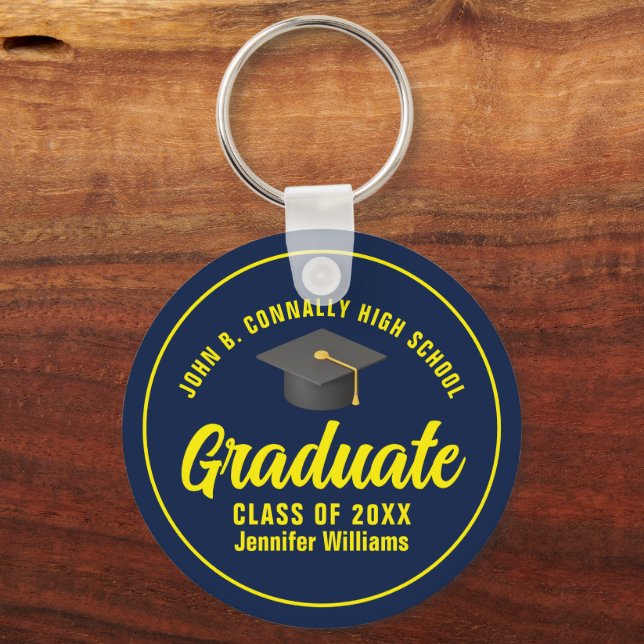 Navy Blue Yellow Graduation Custom 2025 Graduate Keychain (Front)