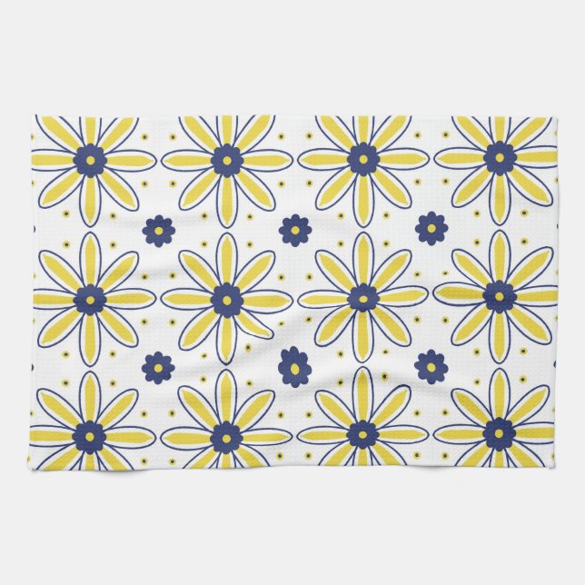 Navy Blue & Yellow Mediterranean Daisy Tile Kitchen Towel (Horizontal)