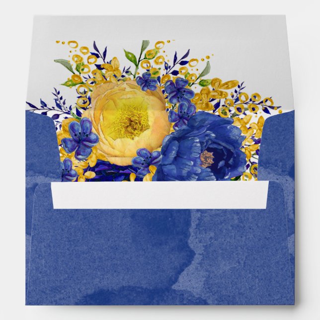 Navy Blue Yellow Paint Florals Wedding Custom Envelope (Back (Bottom))