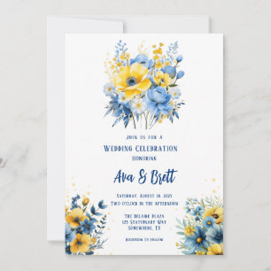 Navy Blue Yellow Painted Floral Gold Wedding Invitation