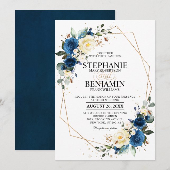 Navy Blue Yellow Rose Boho Geometric Wedding Invit Invitation (Front/Back)