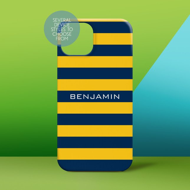 Navy Blue Yellow Rugby Stripes Custom Name Case-Mate iPhone Case (Personalized Phone Case)