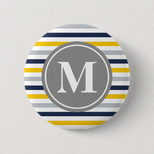 Navy Blue Yellow Striped Pattern Monogram 2 Inch Round Button