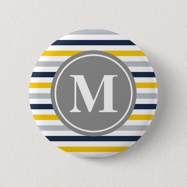 Navy Blue Yellow Striped Pattern Monogram 2 Inch Round Button (Front)