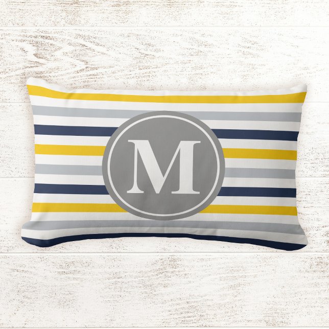 Navy Blue Yellow Striped Pattern Monogram Lumbar Pillow (Creator Uploaded)