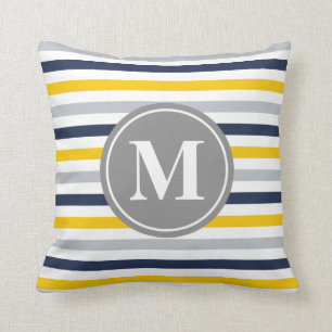 Navy Blue Yellow Striped Pattern Monogram Throw Pillow