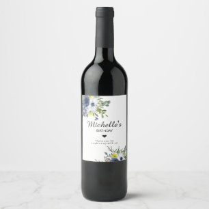 Navy Blue Yellow Watercolor Floral Birthday Wine Label