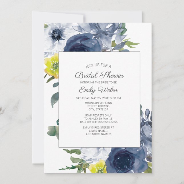 Navy Blue Yellow White Floral Bridal Shower Invitation (Front)
