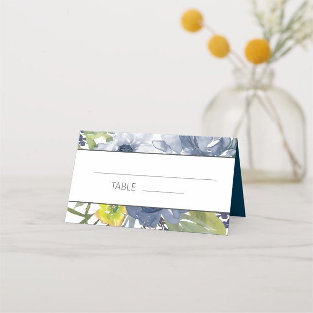 Navy Blue Yellow White Floral Wedding Place Card (Front)