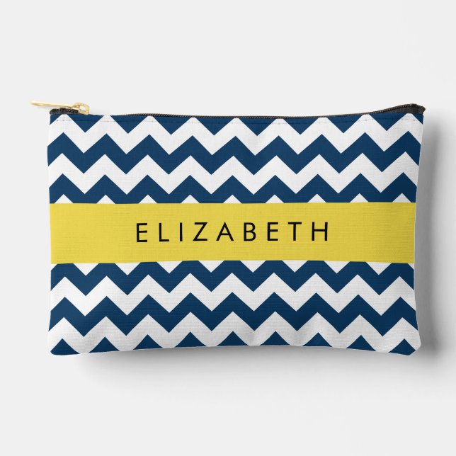 Navy Blue Zigzag, Navy Blue Chevron, Your Name Accessory Pouch (Front)