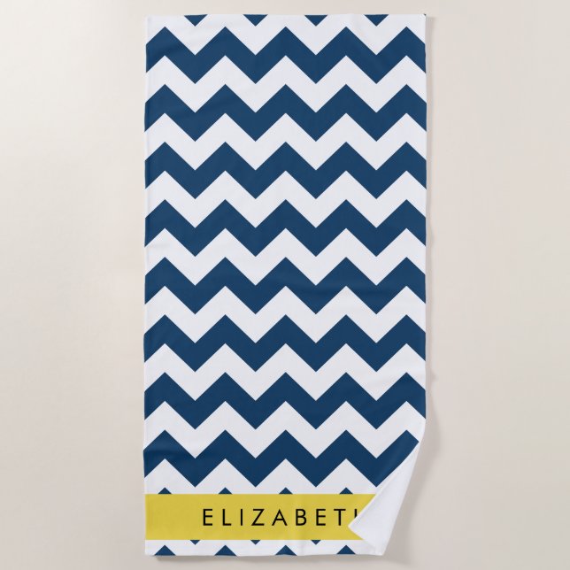 Navy Blue Zigzag, Navy Blue Chevron, Your Name Beach Towel (Front)