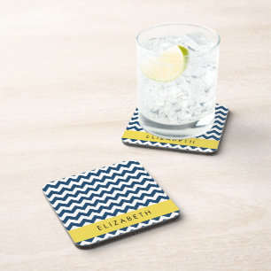 Navy Blue Zigzag, Navy Blue Chevron, Your Name Coaster