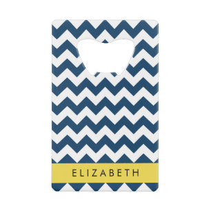 Navy Blue Zigzag, Navy Blue Chevron, Your Name Credit Card Bottle Opener