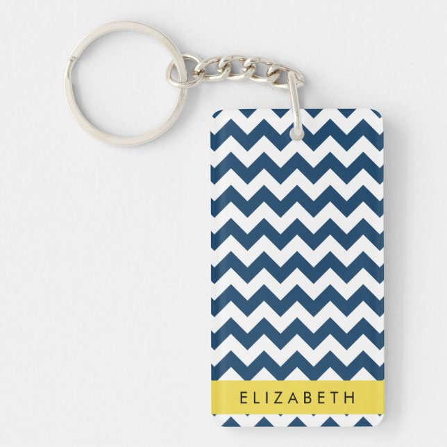 Navy Blue Zigzag, Navy Blue Chevron, Your Name Keychain (Front)