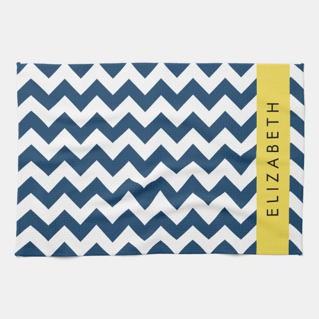 Navy Blue Zigzag, Navy Blue Chevron, Your Name Kitchen Towel (Horizontal)