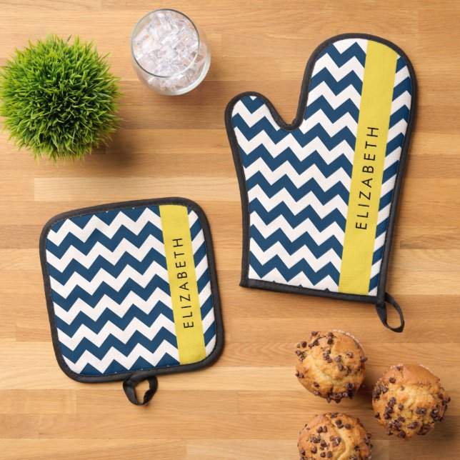 Navy Blue Zigzag, Navy Blue Chevron, Your Name Oven Mitt & Pot Holder Set (Top Down)