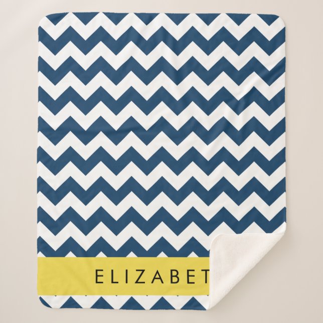 Navy Blue Zigzag, Navy Blue Chevron, Your Name Sherpa Blanket (Front)