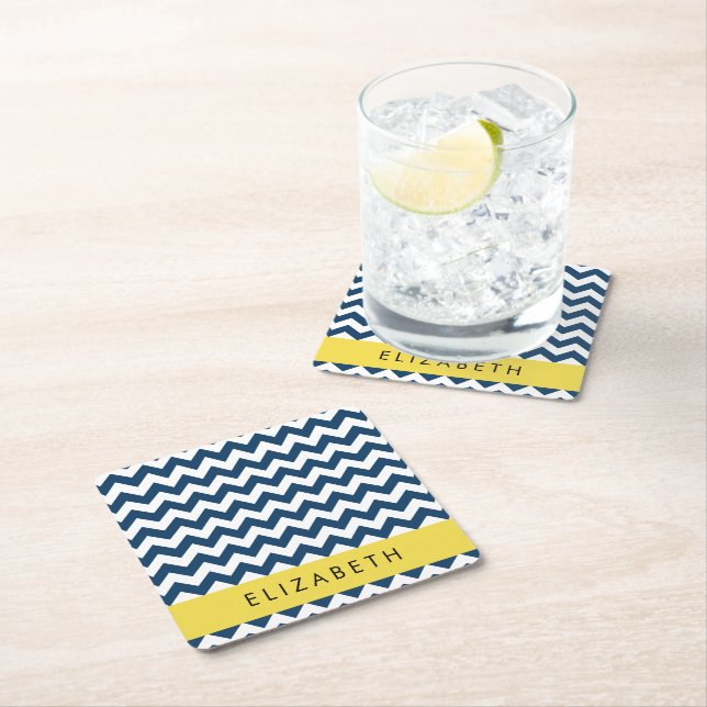 Navy Blue Zigzag, Navy Blue Chevron, Your Name Square Paper Coaster (Insitu)