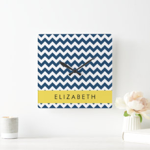 Navy Blue Zigzag, Navy Blue Chevron, Your Name Square Wall Clock