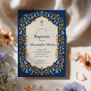 Navy Bluebell Baptism Invitation