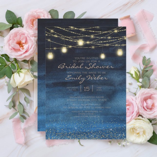 Navy BlueGold String Lights Lanterns Bridal Shower Invitation (Navy blue and gold string lights bridal shower invitation)