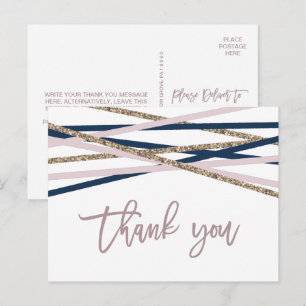 Navy Blush and Gold Streamers Thank You Postcard