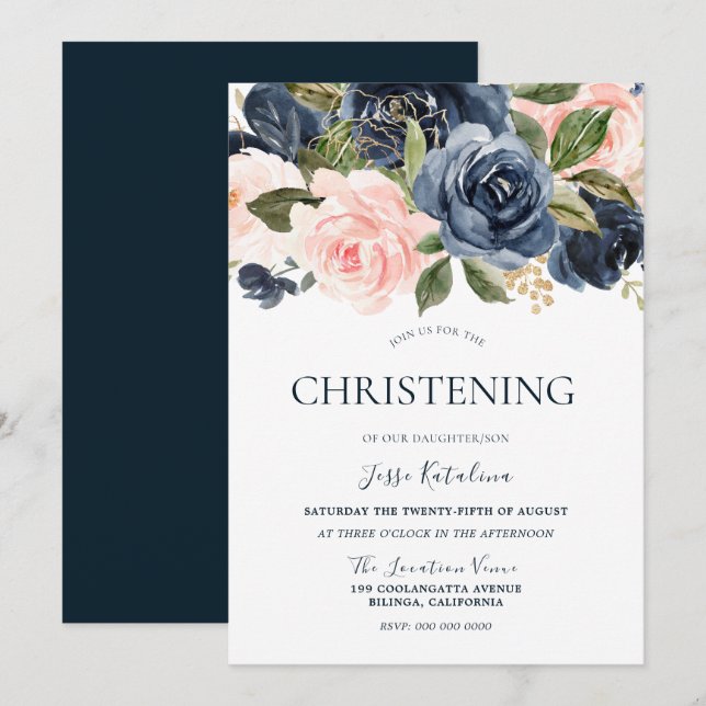 Navy & Blush Baby Boy or Girls Christening Baptism Invitation (Front/Back)