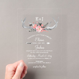 Navy Blush Blooming Antlers Country Chic Wedding Acrylic Invitations