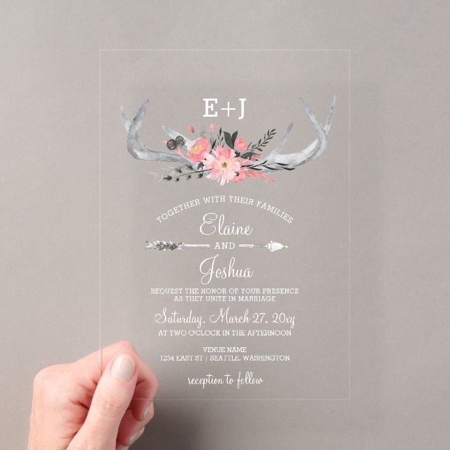 Navy Blush Blooming Antlers Country Chic Wedding Acrylic Invitations (Insitu (Handheld))