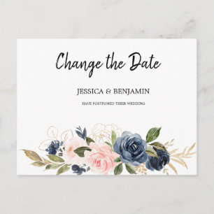 Navy Blush Blossom Floral Change the Date Postcard