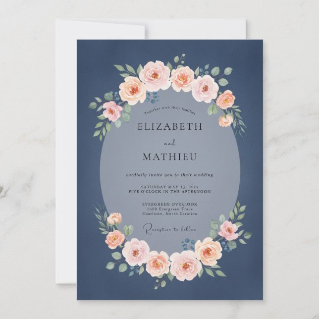Navy Blush Blossom Romantic Wedding Invitation (Front)