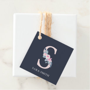 NAVY BLUSH BLUE FLORAL ALPHABETS NAME LETTER S FAVOUR TAGS