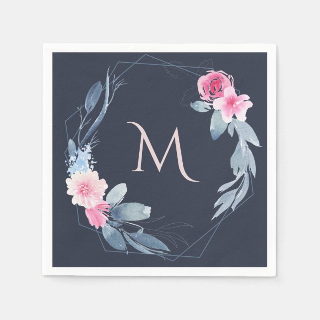 NAVY BLUSH BLUE FLORAL MONOGRAM WREATH WEDDING NAPKIN (Front)