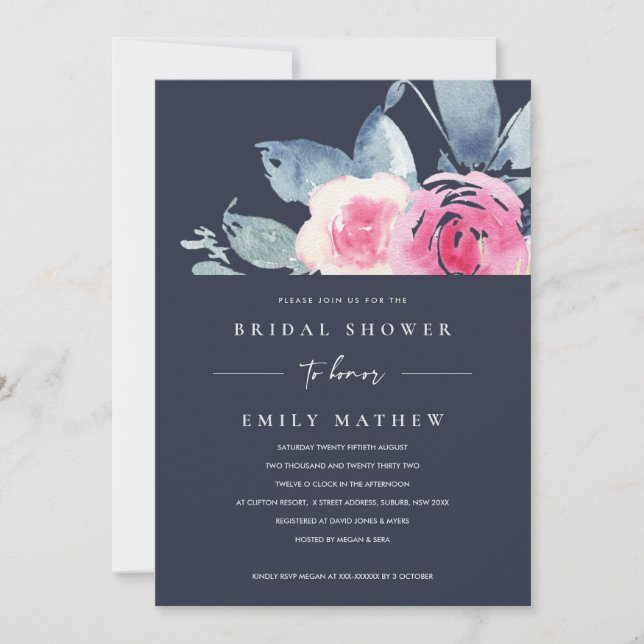 NAVY BLUSH BLUE FLORAL WATERCOLOR BRIDAL SHOWER INVITATION (Front)