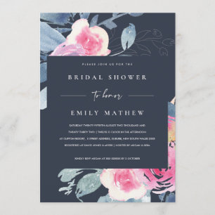 NAVY BLUSH BLUE FLORAL WATERCOLOR BRIDAL SHOWER INVITATION