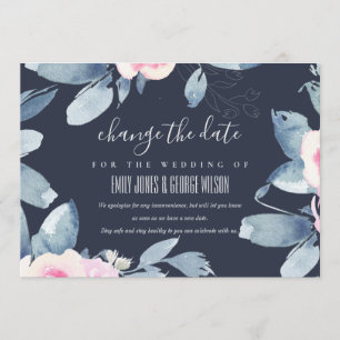NAVY BLUSH BLUE FLORAL WEDDING CHANGE THE DATE INVITATION