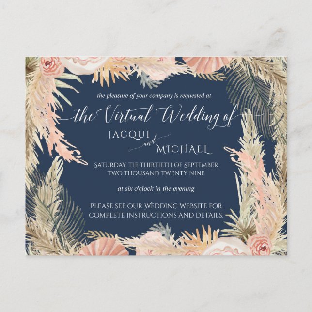 Navy Blush Bohemian Pampas Floral Virtual Wedding Postcard (Front)