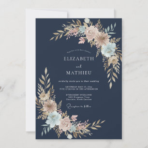 Navy Blush Botanical Flourish Wedding Invitation